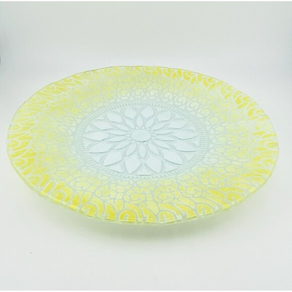 Signed Vintage Art Glass Plate Yellow White Clear Lacy Pattern 8.75 in - Picture 5 of 12